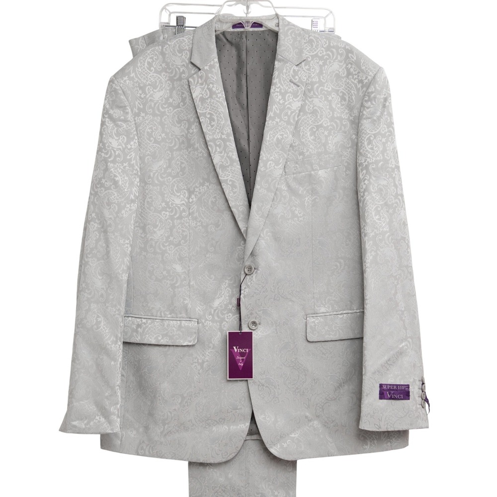 Vinci Italian Suit Silver Paisley Damask Slim Fit Formal 2 Piece Suit Dapper Tux